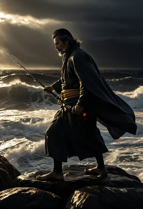 Ultra-detailed, Top quality and the best, High resolution, Ultra-detailed, Front view, Horizontal Angle, A cape with raging waves, An old ronin standing tall on a rock, He carries a fishing rod that emits a golden light on his left shoulder:1.3, A look int...