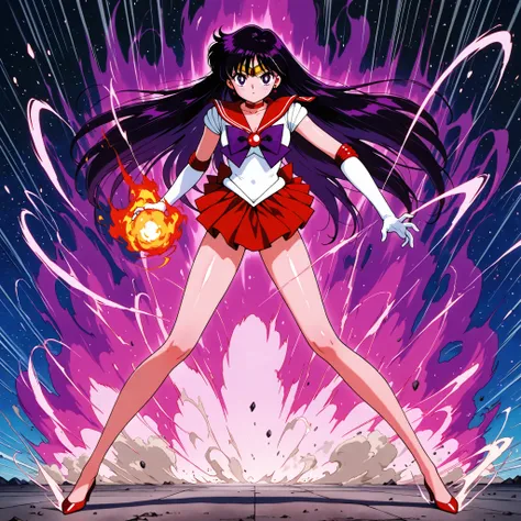 masterpiece,best quality,amazing quality, rei hino, black purple hair, long hair, purple eyes, parted bangs, gloves, magical girl, red skirt, sailor senshi uniform, white gloves, bow, purple bow, sailor collar, red sailor collar, red heels, full body, look...