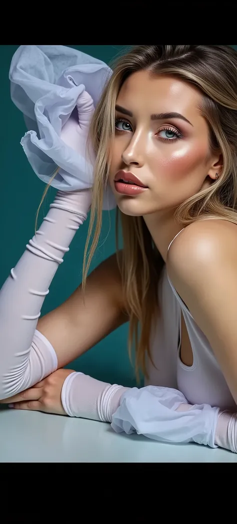 A young woman , confident and glamorous , with long, loose hair , Completely bare , posing against a simple background . Her pose is dynamic , with a slight inclination of the head and an insinuating smile. The lighting emphasizes vibran...