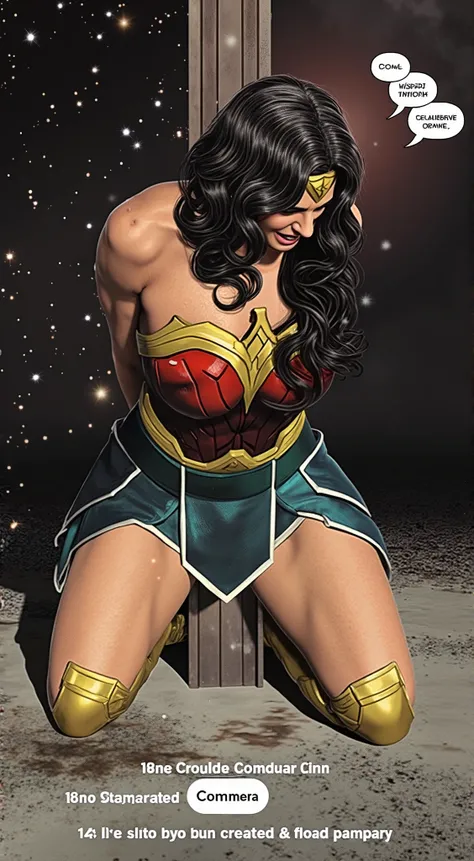 Gal Gadot as Wonder woman, she is kneeling, her hand behind her back, she is bounded to the pillar, both arms behind her back, injury, painful face,