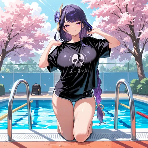 masterpiece, best quality, very aesthetic, absurdres, safe, raiden shogun, wearing black oversized tshirt, hot pants, full body, purple eye, purple hair, very large breast, at school swimmingpool, streching, smile face, sexy pose, fullface body, background...