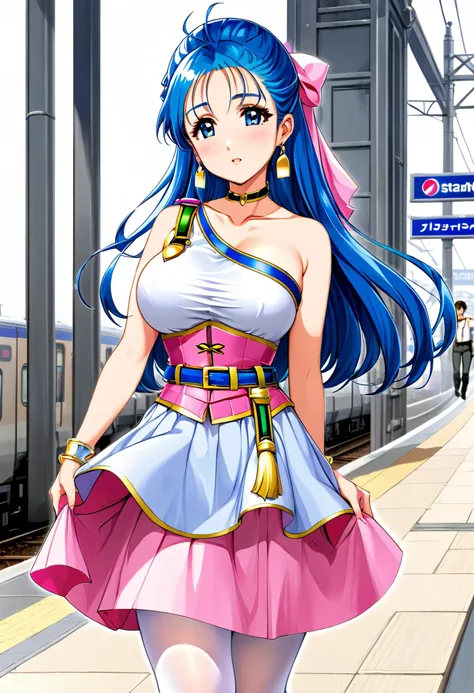 score_9, score_8_up, score_7_up, score_6_up, flora \(dq5\), long hair, half updo, pink bow, earrings, choker, (dress:1.2), corset, (belt:1.2), bracelet, skirt, white thighhighs, shoes, long skirt, white dress, single shoulder dress, blue hair,Big Breasts,f...