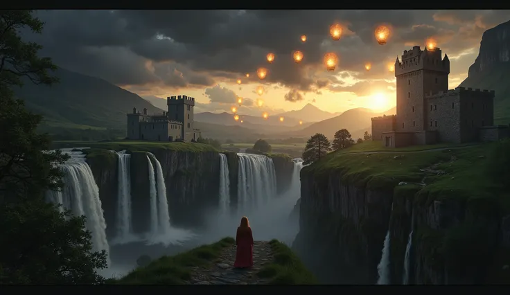 A grand, immersive digital painting combining all previous visual themes: a celestial Scottish monastery at dusk, where the sky is torn between a golden, miraculous light and stormy resentment. POV over the faces of a group of individuals stand at the prec...