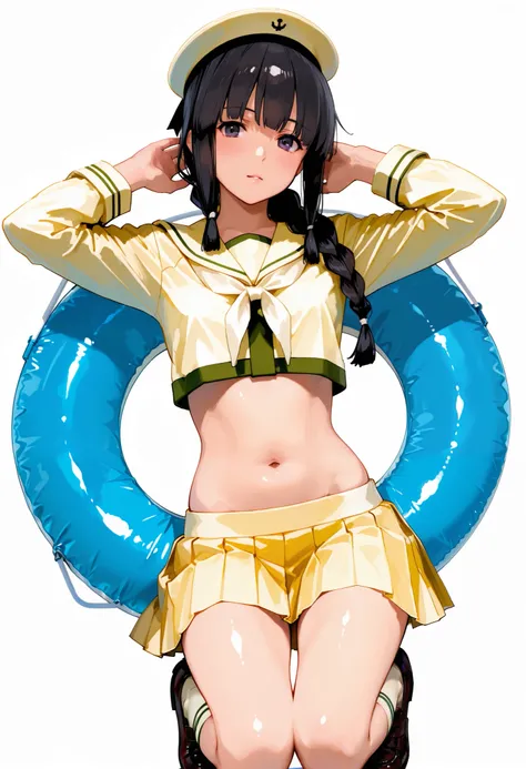 Kitakami [Kai Ni Outfit] (Kantai Collection), 1 girl, 北superior (KanColle), black hair, pleated skirt, Single Braids, school uniform, long sleeve, long hair, sailor suit, side lock, short bang, Neckerchief, sailor color, Headwear ribbon , belly button, thi...