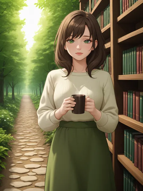 The anime girl reads a quiet novel in the library. She has long brown hair and light green eyes wearing a coffee-colored sweater and a walnut skirt 
 Tawila walks in a beautiful outdoor scene with green mountains and a garden in the background 