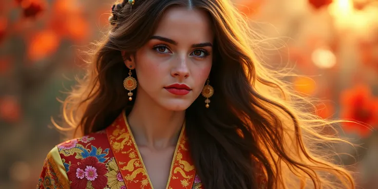 A photorealistic image of a young European woman of about 20 years old, with long, dark and silky hair, curvy and seductive, wearing a typical costume from one of the Asian countries, colorful and with beautiful prints. The light is ethereal, warm and give...