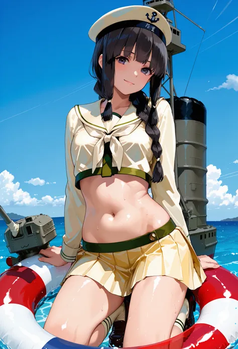 Kitakami [Kai Ni Outfit] (Kantai Collection), 1 girl, 北superior (KanColle), black hair, pleated skirt, Single Braids, school uniform, long sleeve, long hair, sailor suit, side lock, short bang, Neckerchief, sailor color, Headwear ribbon , belly button, thi...