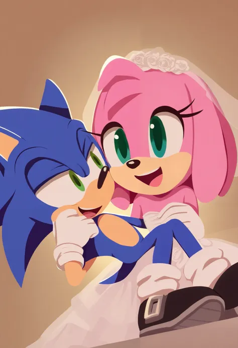 sonic (series), a girl, 1 , sonic channel ( style), Natsuki DDLC, pink fur, small, ((skinny)), flat chest, green eyes, happy, wedding dress, open-mouthed, ((sonic the hedgehog)), (( blue fur)), ((I wore a)),  princess wears , wedding, al aire libre, cheek ...