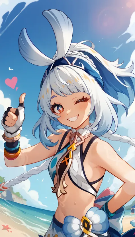 A young woman named Mualani stands on a crowded beach. She is dressed in casual beachwear. One hand rests on her hip, while the other gives a thumbs-up with a confident and cheerful expression. The background features rolling waves, a bright sky, and peopl...