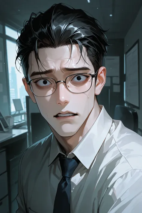 upper body, Looking at viewer, male, Black Slicked back hair, Sharp eyes, Black eyes, A scared look, Office work, glasses, terrified, detailed shading, high quality, ultra detailed, best quality, masterpiece
