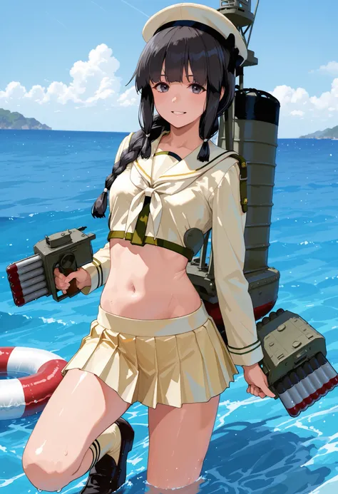 Kitakami [Kai Ni Outfit] (Kantai Collection), 1 girl, 北superior (KanColle), black hair, pleated skirt, Single Braids, school uniform, long sleeve, long hair, sailor suit, side lock, short bang, Neckerchief, sailor color, Headwear ribbon , belly button, thi...