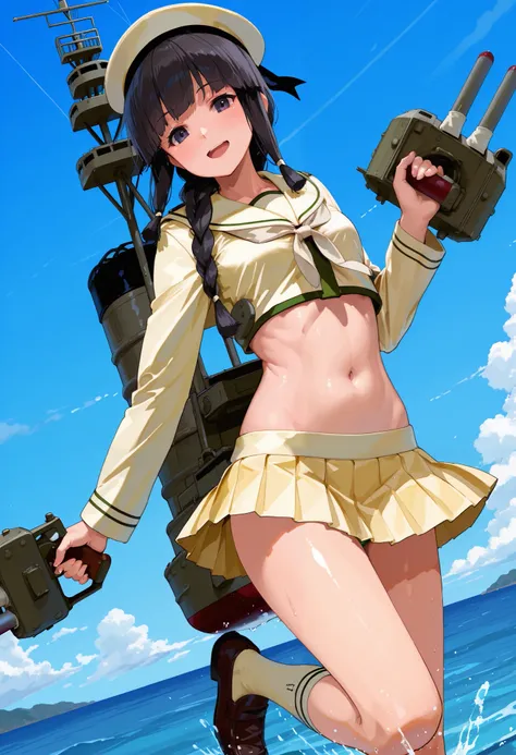 Kitakami [Kai Ni Outfit] (Kantai Collection), 1 girl, 北superior (KanColle), black hair, pleated skirt, Single Braids, school uniform, long sleeve, long hair, sailor suit, side lock, short bang, Neckerchief, sailor color, Headwear ribbon , belly button, thi...