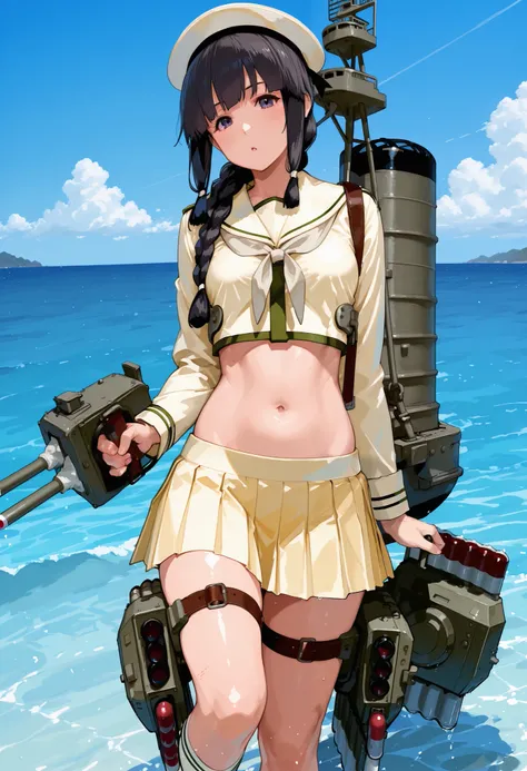 Kitakami [Kai Ni Outfit] (Kantai Collection), 1 girl, 北superior (KanColle), black hair, pleated skirt, Single Braids, school uniform, long sleeve, long hair, sailor suit, side lock, short bang, Neckerchief, sailor color, Headwear ribbon , belly button, thi...