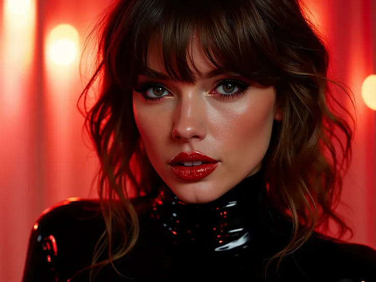 beautiful full body portrait, red lip gloss, latex catsuit, euphoria, brown hair, shiny lips, glossy lips, reflective lips, eye contact, on a dinner date