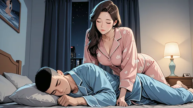 high quality, Perfect Dynamic Figures, A mature Korean woman in pajamas fell asleep while holding a crew cut Korean boy. late at night, s bedroom,