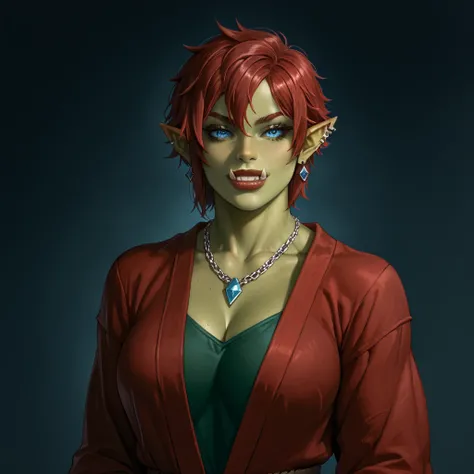 Score_9, looking at screen, adult woman, (only one woman:1,5), orc woman, dark green skin, two ears, pointy ears, only a pair of simple blue diamond shaped earrings, simple blue diamond shaped silver chain necklace, beautiful woman, pretty face, red hair, ...