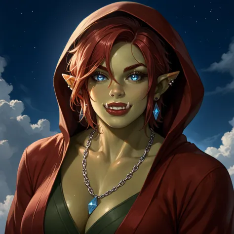 Score_9, looking at screen, adult woman, (only one woman:1,5), orc woman, dark green skin, two ears, pointy ears, only a pair of simple blue diamond shaped earrings, simple blue diamond shaped silver chain necklace, beautiful woman, pretty face, red hair, ...