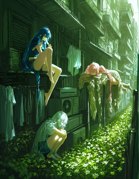 (3girls), artist:kubo tite, artist:quasarcake, tribal huntress in ornate fur cape over short gown, slender and muscled, short braided white hair, hanging laundry, BREAK, city girl in crop top and denim shorts, curvy, twin tails light pink hair, sunglasses,...