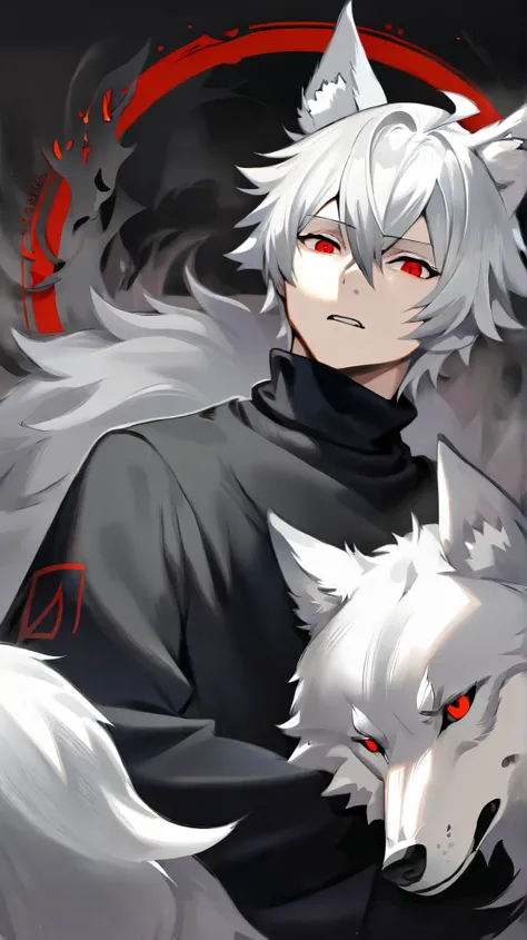A boy, grayish white hair, red eyes, wolf ears, black turtleneck, bright trim, white cover
