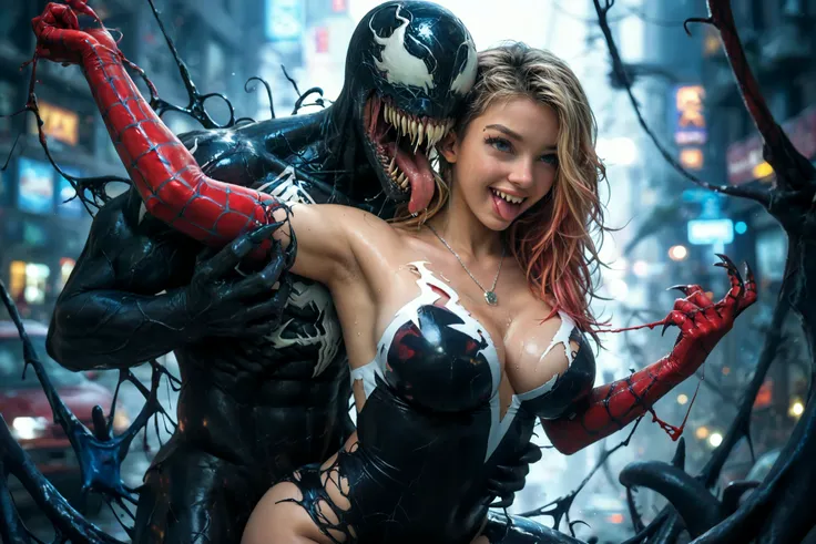 Venom and carnage attack spider-gwen, beautiful face, ahegao face, baby face, (a beautiful, spider- gwen costume, sexy girl with torn and ripped in the sexy places, hot and curvaceous body sparsely clothed, highly revealing and alluring costume, epic persp...
