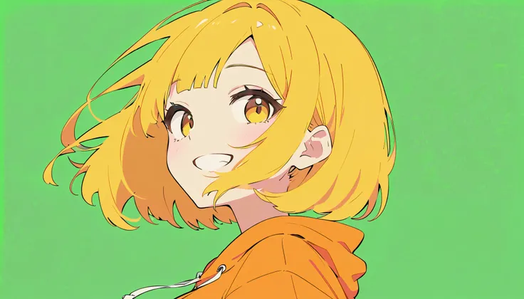 flat color, 
1girl, solo, 
yellow hair, bob cut, yellow eyes, 
big smile, upper body, 
from below, orange hoodie, 
wide shot, simple background, green background, 