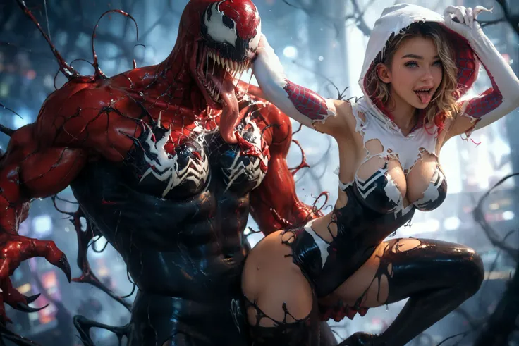 Venom and carnage attack spider-gwen, beautiful face, ahegao face, baby face, (a beautiful, spider- gwen costume, sexy girl with torn and ripped in the sexy places, hot and curvaceous body sparsely clothed, highly revealing and alluring costume, epic persp...