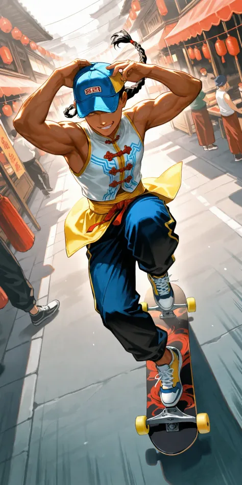 1boy\(Yun\(Street Fighter 4\), young, jumping high on skateboard, hand at cap brim, eyes hidden by on deep pulled down cap,blue cap with (yellow brim), long braid hair, loose black Wudang Tai Chi pants,white sleeveless long Wudang Tai Chi Shirt , sneakers,...