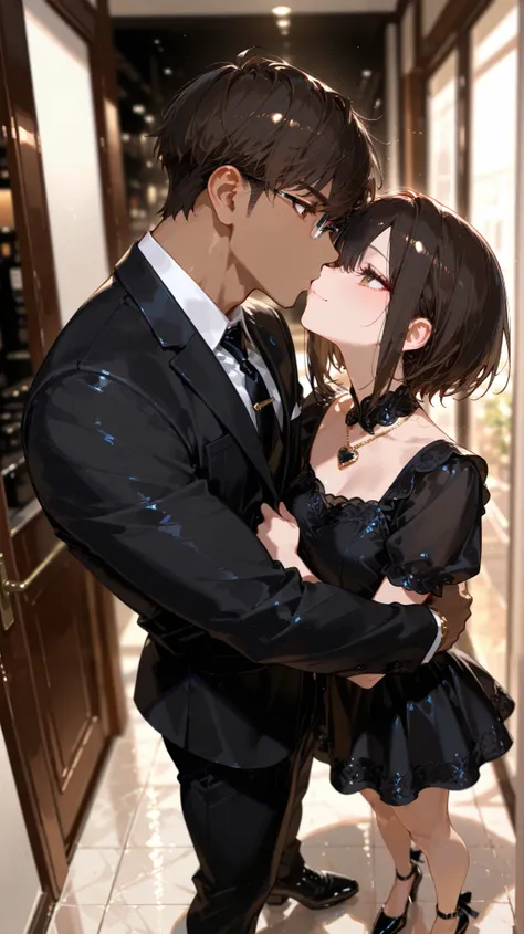 masterpiece,best quality,amazing quality, detailed eyes, very aesthetic, depth of field, detailed background, 1boy, 1girl, male has brown skin, male has long face, male has low fade hair , male has dark brown eyes, black hair, male is muscular, male wearin...
