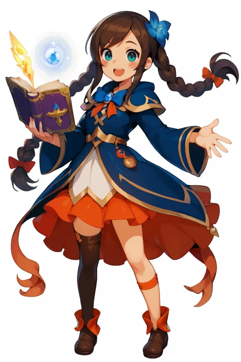 Anime girl holding a magic book, epic mage girl character, The brunette witch, Full body portrait of an elementist , MapleStory Character Art, Official character art,  Animated Cute Style ,  RPG full body portrait , Female mage!, Full body RPG portrait , J...
