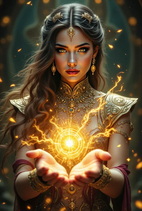 thick textures, high-quality textures, high detail, Best quality, Maximum of details, good image, 8k, good quality, The girl in mysterious vestments with beautiful patterns, Gorgeously dressed in, jewelry, magic symbols flow from her hands, mysterious ligh...