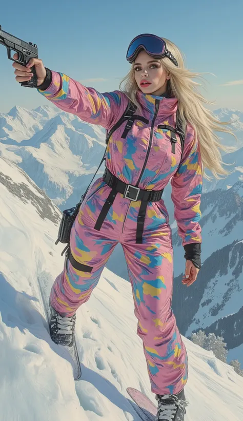 Full body, unique beauty, amazing pink blue yellow snow camouflage skin suit with black stripes, snowboarding down hill on an alpine mountain, action pointing a weapon, a true villain for James Bond, watercolor or oil painting poster pin-up 1980’s style Dr...
