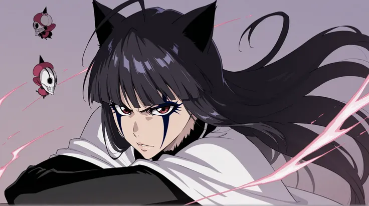 1 girl, solo, (cat girl, cat black ears)), (red eyes), (long hair), (( black hair, (Ahoge), straight bangs,), vasto lady, Bleach anime, hueco, Oscura, shinigami, hueco Mask, pose de batalla, pose dinamica, medium shoot, mascara de hollow en la cara de la c...