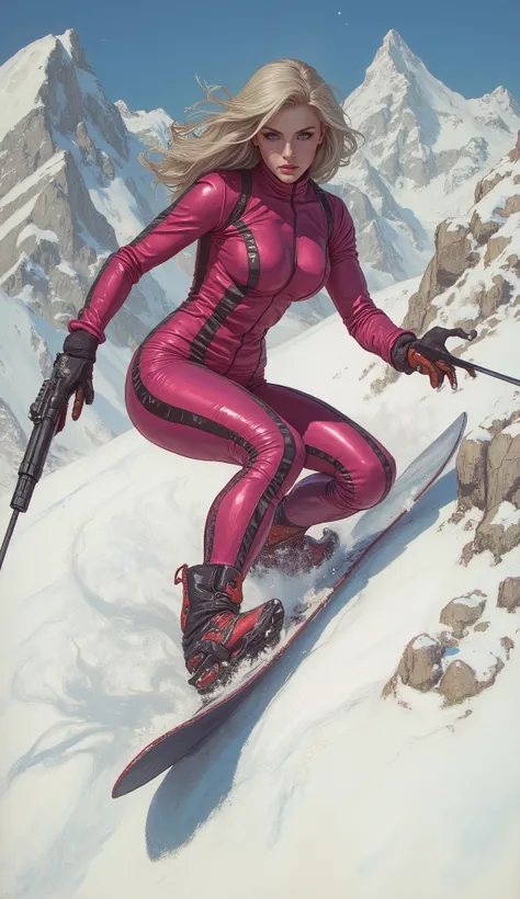 Full body, unique beauty, amazing pink cat suit with black stripes, snowboarding down hill on an alpine mountain, action pointing a weapon, a true villain for James Bond, watercolor or oil painting poster pin-up 1980’s style Drew Struzan movie poster style...