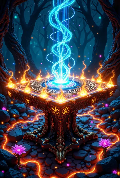 The runic table with Multi-colored runes burning on it, Very detail, Each rune is like a marble tile on which to engrave the Rune, The night light burns in the sky and shines brightly on the table, reflecting the beauty of the Night Sky, marvelous flowers ...