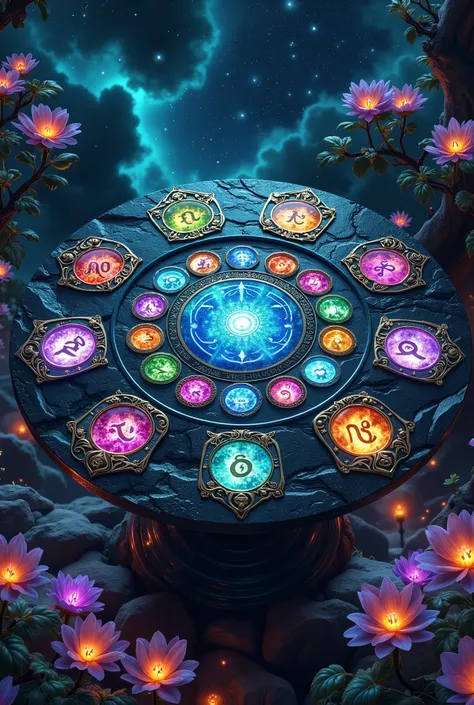 Rune table, made of polished black marble, on which multi-colored runes burn, each one is like an inlaid tile of translucent colored marble with deeply engraved runic symbols.   Night sky , dotted with bright stars, reflected in the polished surface of the...