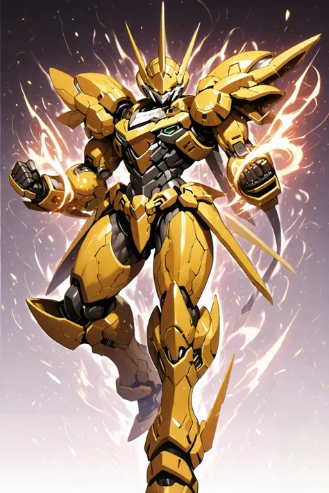 solo, silhouette, shadow of Female Mecha Suit, Feminine character, In A Yellow Mech, wallpaper quality, on a loading screen, fighting stance, solo, aura, waist up, ((Chest up)), (Female Body, Mechanical Appearance, wires for Hair), sinister stare, neon lig...