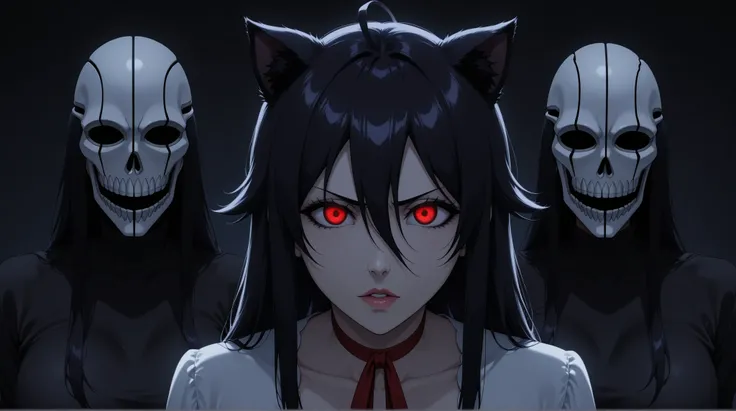 Vasto Lorde, Bleach Anime, Hollow, Dark, Shinigami, Hollow Mask, junkotvvxl , sola, red eyes, black hair, cat ears, blows, hair between eyes, long hair, , (Ahoge), straight bangs, hair between eyes, fondo el cielo azul, una katana Zangetsu (斬月)  en la mano...
