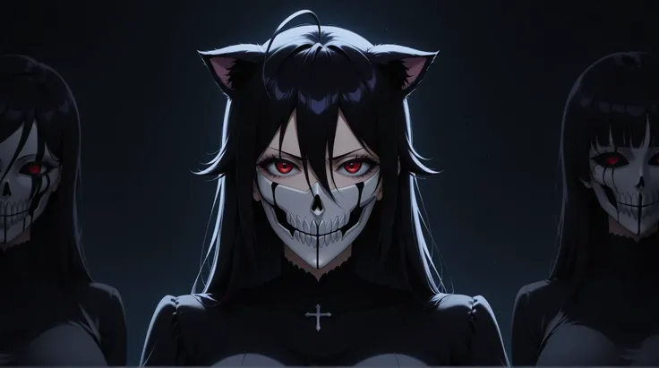 Vasto Lorde, Bleach Anime, Hollow, Dark, Shinigami, Hollow Mask, junkotvvxl , sola, red eyes, black hair, cat ears, blows, hair between eyes, long hair, , (Ahoge), straight bangs, hair between eyes, fondo el cielo azul, una katana Zangetsu (斬月)  en la mano...
