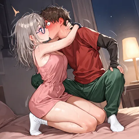 Anime,best quality, speed lines, movement,Tall girl Girl,hot ,straight hair,medium hair,Gray hair,a long eyelash, Purple eyeshadow makeup,pink Pajama dress,lying on bed,average breasts,hug neck,thin waist,medium hips,white socks.((high definition))1 short ...