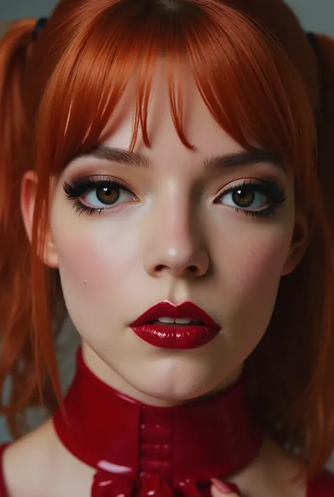 Beautiful girl, red lip gloss, eyeliner flicks, red lip gloss, sexy, latex schoolgirl outfit, body oil, extreme make up, red hair in pigtails, dark red lip gloss, shiny lips, reflective lips