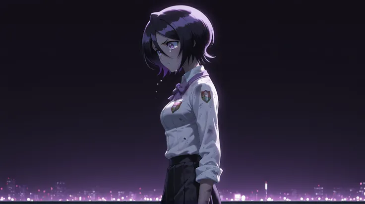 rukia kuchiki, black hair, hair between eyes, purple eyes, short hair, medium breasts, school uniform, 1girl, female focus, solo, sad, tears, frustrated, dirty skin, tokyo street at night, sad scene, cowboy shot, from left to right, side view