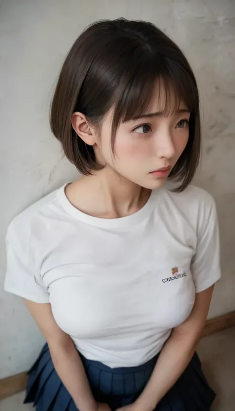 realistic sweatshirt, middle chest、((white shirt)) , ((Corner from above))、((curved body))、in a pleated skirt 、((close-up face))、((Y shirt))、(( Embarrassed Expression)) attractive、(Corner、 She's looking for )  in class、short hair、high school student