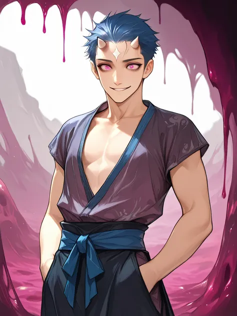 masterpiece, 1 male, Age 30, fantasy around the eyes, looking at the front, Thin waist, Glutinous Flesh, cowboy shot, A small horn on the forehead, Blue Hair, Light skin, very short hair, Rin々like, pink eyes, Gunman's Clothes , gentle smile