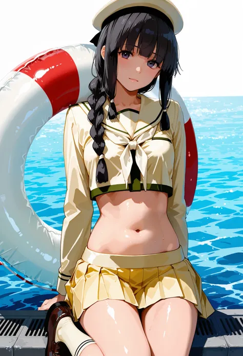 Kitakami [Kai Ni Outfit] (Kantai Collection), 1 girl, 北superior (KanColle), black hair, pleated skirt, Single Braids, school uniform, long sleeve, long hair, sailor suit, side lock, short bang, Neckerchief, sailor color, Headwear ribbon , belly button, thi...