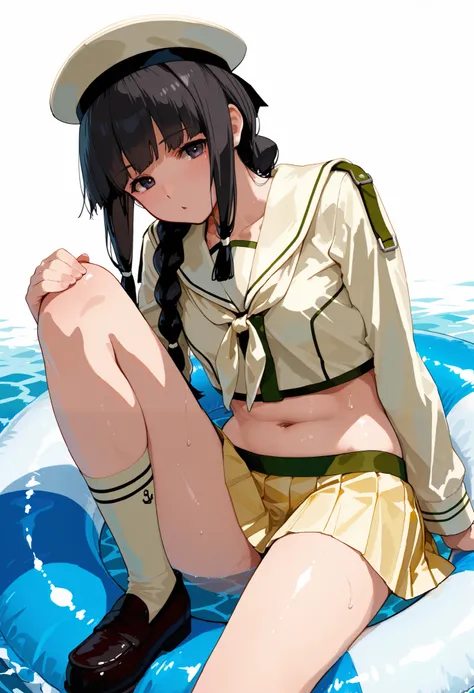 Kitakami [Kai Ni Outfit] (Kantai Collection), 1 girl, 北superior (KanColle), black hair, pleated skirt, Single Braids, school uniform, long sleeve, long hair, sailor suit, side lock, short bang, Neckerchief, sailor color, Headwear ribbon , belly button, thi...