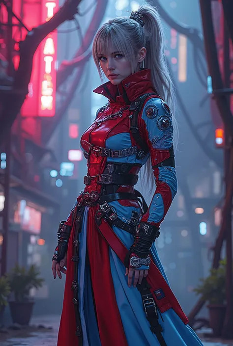 A stunning tall woman, (posing like a fashion model:1.5), (She is an anti-hero wearing intricated desighned vivid red and light blue and dark gray uniform:1.7), neon colored mechanical biomorphism, horror art, intricate details, maximalist perfect illustra...