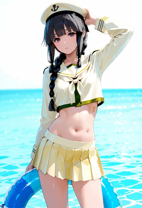 Kitakami [Kai Ni Outfit] (Kantai Collection), 1 girl, 北superior (KanColle), black hair, pleated skirt, Single Braids, school uniform, long sleeve, long hair, sailor suit, side lock, short bang, Neckerchief, sailor color, Headwear ribbon , belly button, thi...