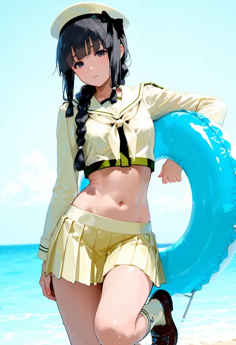 Kitakami [Kai Ni Outfit] (Kantai Collection), 1 girl, 北superior (KanColle), black hair, pleated skirt, Single Braids, school uniform, long sleeve, long hair, sailor suit, side lock, short bang, Neckerchief, sailor color, Headwear ribbon , belly button, thi...