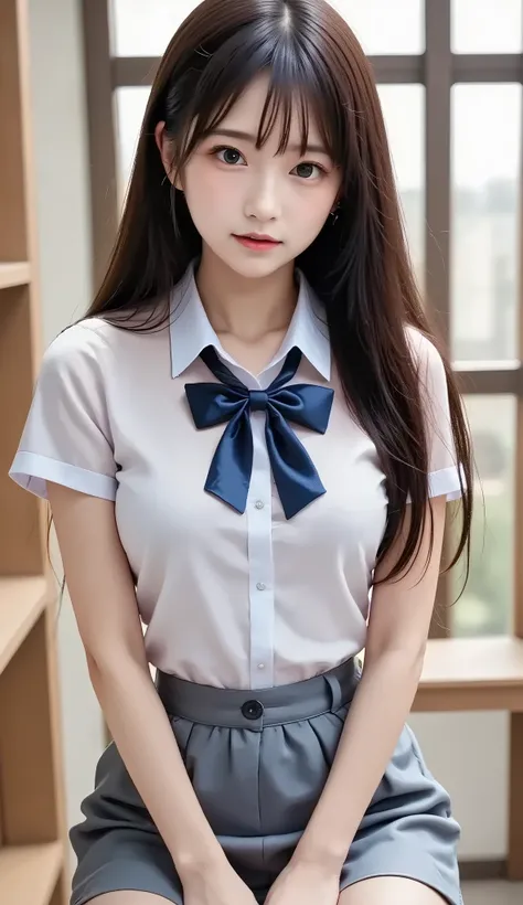 sexy 여성, classroom background, big , white shirt, gray skirt, Korean, full body, long legs, sexy, skirt, 조금 big , 매우 big ,  school uniform , 더 big , Sensually, rich , sexy 자세,  lean forward, SLIM YOUR ARMS, big  on the floor, 더 big , 더 big ,  cute ass ,  [...