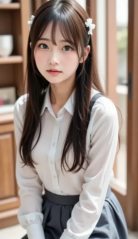 sexy 여성, classroom background, big , white shirt, gray skirt, Korean, full body, long legs, sexy, skirt, 조금 big , 매우 big ,  school uniform , 더 big , Sensually, rich , sexy 자세,  lean forward, SLIM YOUR ARMS, big  on the floor, 더 big , 더 big ,  cute ass ,  [...
